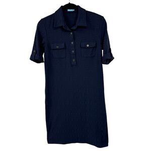 J McLaughlin XS Yolanda Shirt Dress Bamboo Lane Jacquard Navy Blue Classic Prep